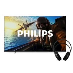 Philips črn televizor z velikim ravnim zaslonom, tanek okvir in spodnji stojali, prikaz letalske scene z logotipom Philips.