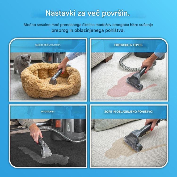 VonHaus čistilec madežev z vodoodporno zasnovo, 5,5-metrskim napajalnim kablom in zmogljivim sistemom pršenja ter sesanja omogoča hitro odstranjevanje madežev in učinkovito osvežitev tkanin v domu ali avtomobilu.
