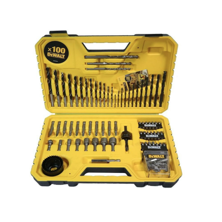 DeWalt 100‑delni set svedrov in nastavkov v odprtem kovčku, pregledno razporejeni dodatki.
