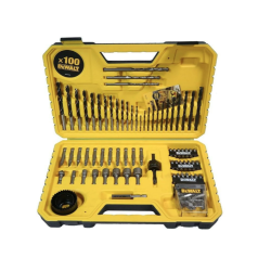 DeWalt 100‑delni set svedrov in nastavkov v odprtem kovčku, pregledno razporejeni dodatki.
