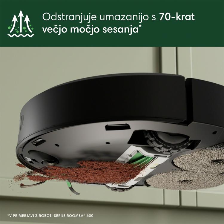 Spodnji del robotskega sesalnika iRobot Roomba Combo pri pobiranju drobtin, prikaz visoke sesalne moči.