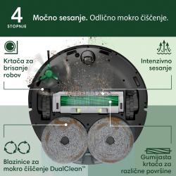 Spodnja stran robotskega sesalnika iRobot Roomba Combo z gumijasto krtačo za robove, intenzivnim sesanjem in DualClean™ blazinicami za mokro čiščenje.