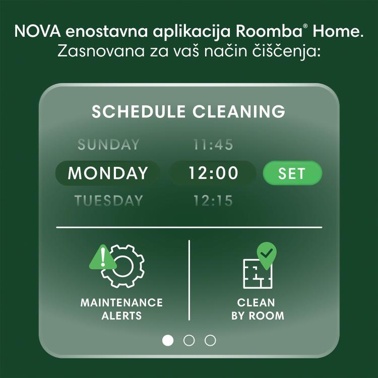 Uporabniški vmesnik aplikacije Roomba Home za načrtovanje čiščenja, obvestila o vzdrževanju in čiščenje po prostorih.