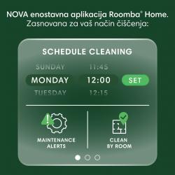 Uporabniški vmesnik aplikacije Roomba Home za načrtovanje čiščenja, obvestila o vzdrževanju in čiščenje po prostorih.