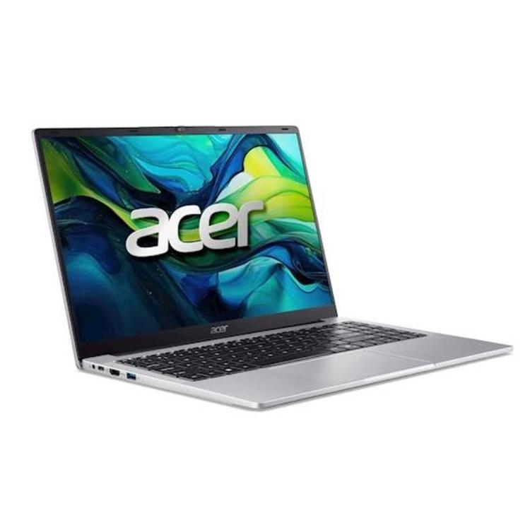 Prenosni računalnik Acer z odprtim zaslonom, srebrno ohišje, črna tipkovnica in viden logotip Acer.
