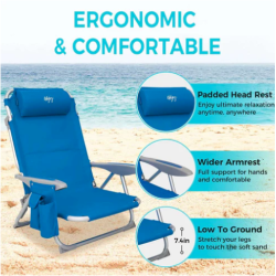 Ergonomski plažni stol z oblazinjeno blazino, širšimi nasloni za roke in nizko konstrukcijo ob plaži.