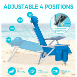 Plažni stol s štirimi nastavljivimi položaji naslonjala, prikaz različnih kotov nagiba za sedenje in ležanje.
