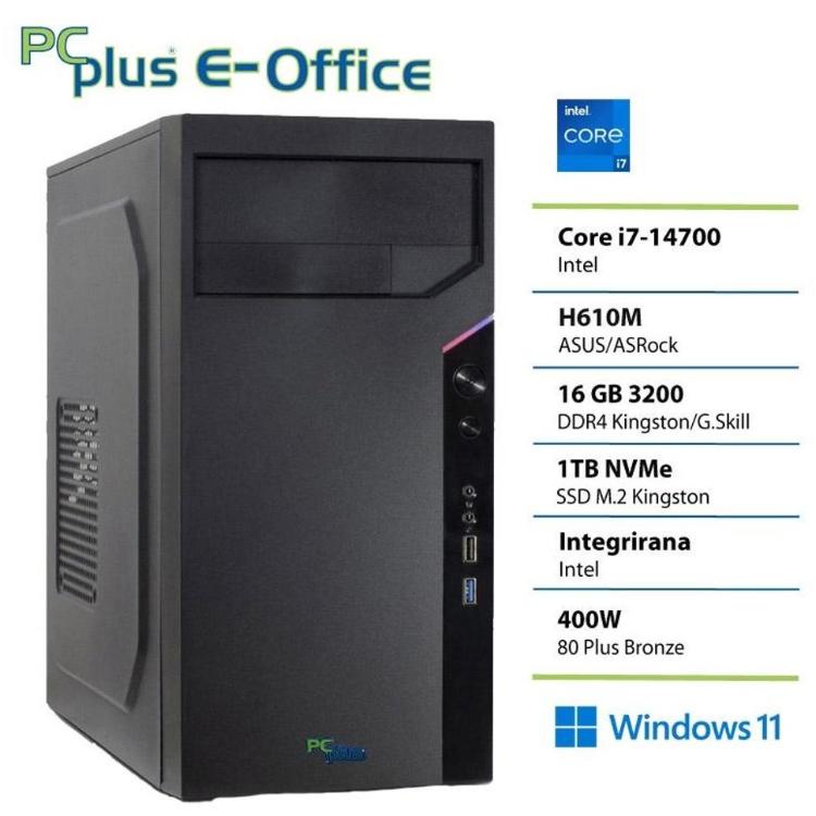 Namizni računalnik PCplus E-Office z Intel Core i7-14700 procesorjem, 16 GB DDR4 pomnilnika in 1 TB NVMe SSD diskom zagotavlja visoko zmogljivost za poslovno delo, večopravilnost in vsakodnevno uporabo.