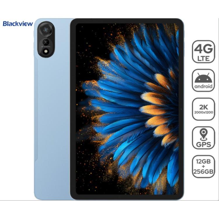 Blackview tablični računalnik v modri barvi, prikazan od spredaj in zadaj z izpostavljenimi funkcijami.