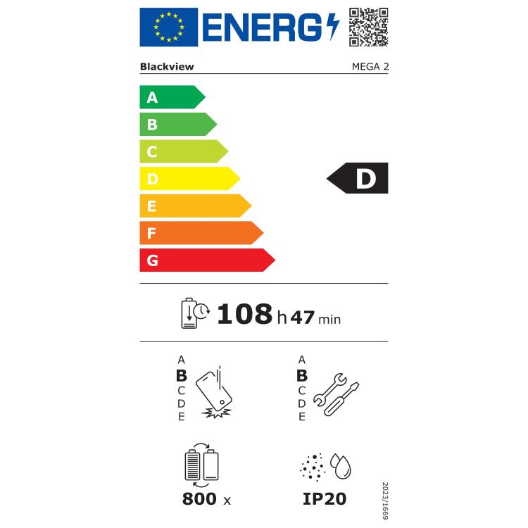 Blackview energijska nalepka za tablični računalnik MEGA 2 z razredom energijske učinkovitosti D.