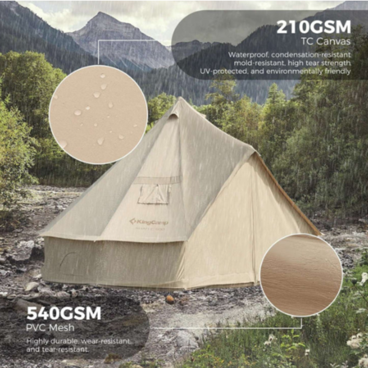 Platneni glamping šotor KingCamp v gorskem okolju, prikaz materialov – 210 GSM TC canvas in 540 GSM PVC talna podloga.