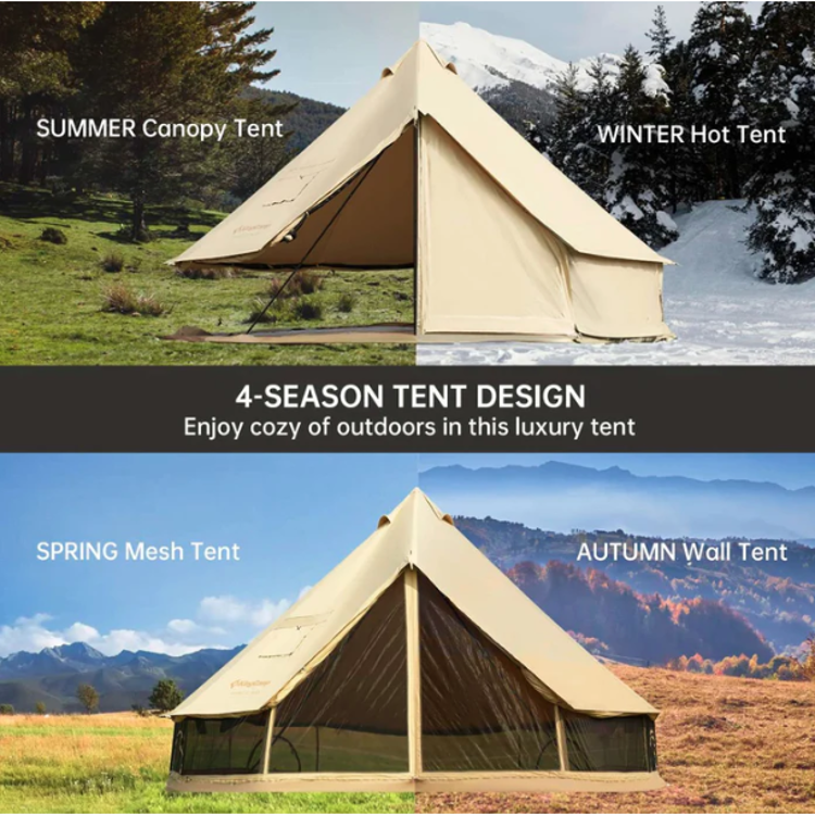 Štirisezonski glamping šotor KingCamp, prikaz uporabe v poletnih, zimskih, spomladanskih in jesenskih razmerah.