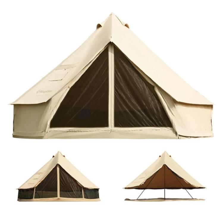 Glamping šotor KingCamp v bež barvi, platnena konstrukcija z mrežasto sprednjo stranjo, prikaz zaprtih in odprtih postavitev.