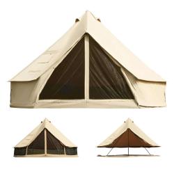 Glamping šotor KingCamp v bež barvi, platnena konstrukcija z mrežasto sprednjo stranjo, prikaz zaprtih in odprtih postavitev.
