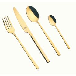 Zlato obarvan jedilni pribor SARA iz nerjavečega jekla, vilice, nož in žlice na svetlem ozadju.