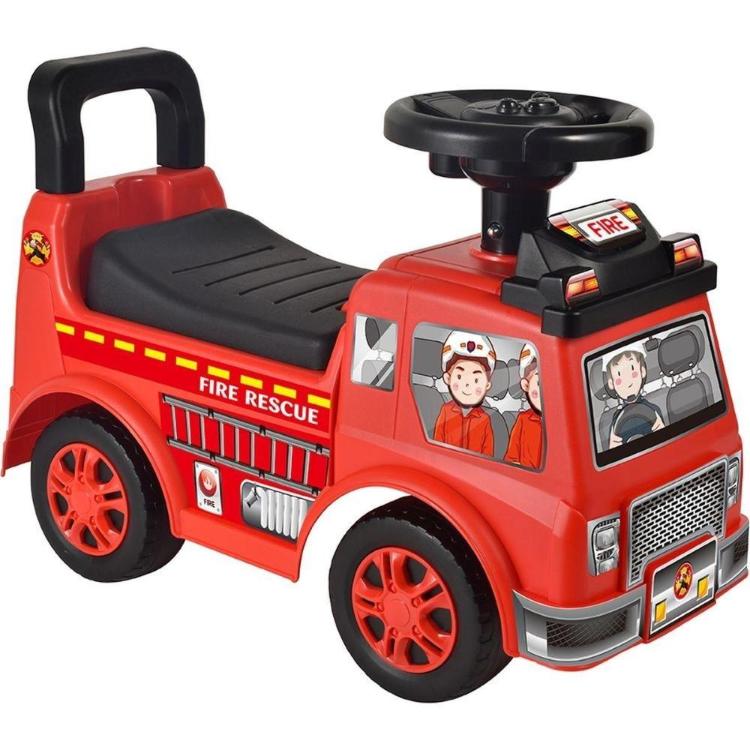 Otroški poganjalec v obliki gasilskega vozila z volanom, udobnim sedežem in zabavnim dizajnom Fire Rescue.