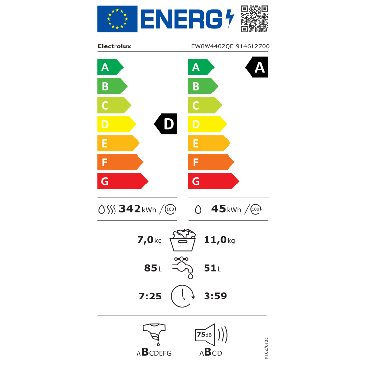Energijska nalepka za pralno‑sušilni stroj Electrolux EW8W4402QE z energijskim razredom D za pranje in sušenje ter A za pranje, porabo 342 kWh in 45 kWh na 100 ciklov, zmogljivostjo 7 kg (pranje in sušenje) oziroma 11 kg (pranje), porabo vode 85 L in 51 L ter glasnostjo 75 dB pri ožemanju.