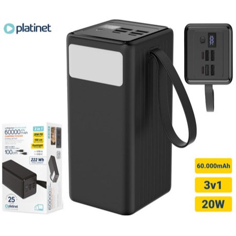 Polnilna baterija Platinet PMPB6020, 20W, 60.000mAh, izdelek z embalažo in poudarjenimi ključnimi lastnostmi.