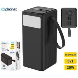 Polnilna baterija Platinet PMPB6020, 20W, 60.000mAh, izdelek z embalažo in poudarjenimi ključnimi lastnostmi.