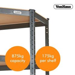 Robustna jeklena konstrukcija zagotavlja nosilnost do 875 kg oziroma do 175 kg na posamezno polico.