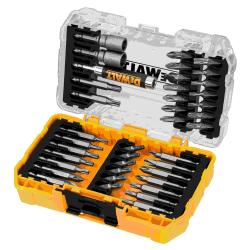 DeWalt set vijačnih nastavkov (bitov) v rumeni plastični škatli z različnimi nastavki, magnetnim držalom in adapterji za vijačenje ter vrtanje.