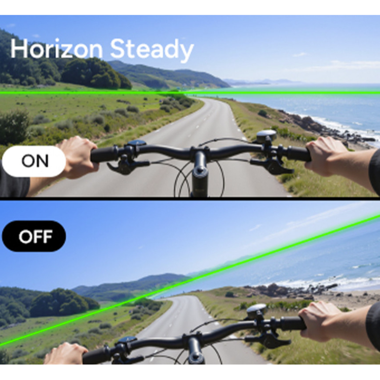 SJCAM akcijska kamera v črni barvi, prikazana s funkcijo Horizon Steady za stabilizacijo slike in poravnavo horizonta med snemanjem.