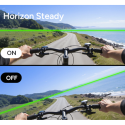 SJCAM akcijska kamera v črni barvi, prikazana s funkcijo Horizon Steady za stabilizacijo slike in poravnavo horizonta med snemanjem.
