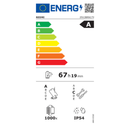 Energijska nalepka EU za Redmi, razred A, avtonomija 67 h 19 min, IP54 zaščita in baterija s 1000 cikli.