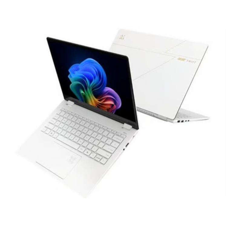 Acer Swift prenosnik v beli barvi, odprt, z osvetljenim zaslonom in belim osvetljenim tipkovnim delom.