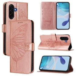 Ovitek tipa denarnica za pametni telefon Samsung Galaxy A57 5G z motivom metulja v rožnato-zlati barvi.