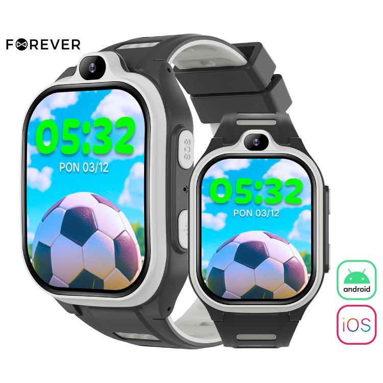 Forever Boost KW‑530 AI 4G pametna ura za otroke, kamera, siv/črn pašček, Android/iOS podpora.