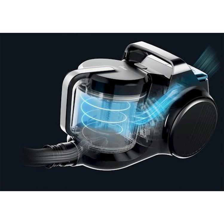 Ciklonski sistem sesalnika Hoover HP410P 011, prikaz kroženja zraka in ločevanja prahu.