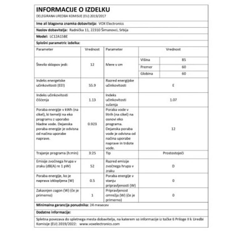 Pomivalni stroj VOX LC 12A15B E, 12 pogr., 6 programov, zaslon, 60 cm, bel