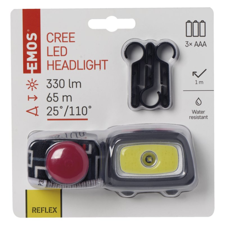 Naglavna LED svetilka Emos COB+CREE 3×AAA, 330 lm, 65m