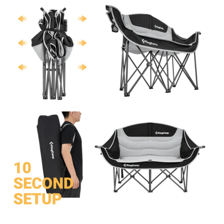 Hitro zlaganje in prenašanje zložljivega kamping loveseat stola KingCamp v transportni torbi.