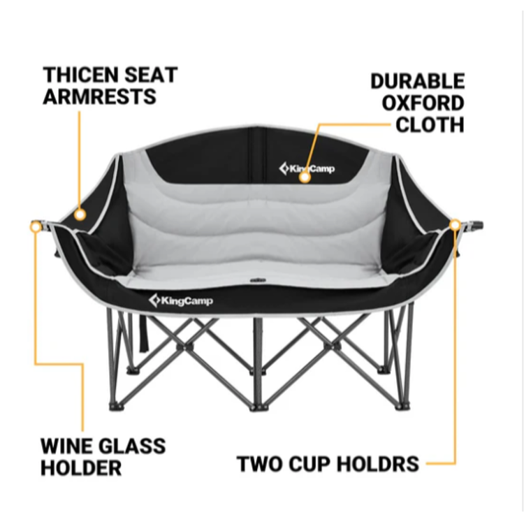 Kamping loveseat KingCamp s poudarjenimi lastnostmi, kot so oblazinjeni nasloni, držala za pijačo in trpežna oxford tkanina.