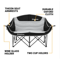 Kamping loveseat KingCamp s poudarjenimi lastnostmi, kot so oblazinjeni nasloni, držala za pijačo in trpežna oxford tkanina.