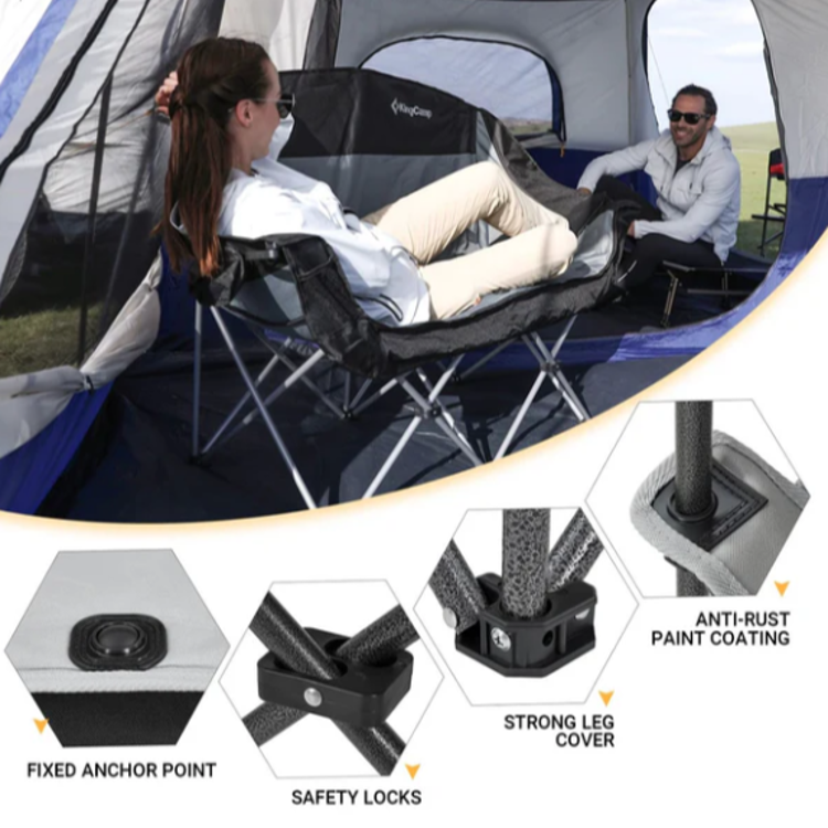 KingCamp zložljiv loveseat v uporabi v šotoru, prikazana stabilna konstrukcija in varnostni detajli.