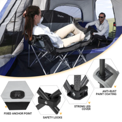 KingCamp zložljiv loveseat v uporabi v šotoru, prikazana stabilna konstrukcija in varnostni detajli.