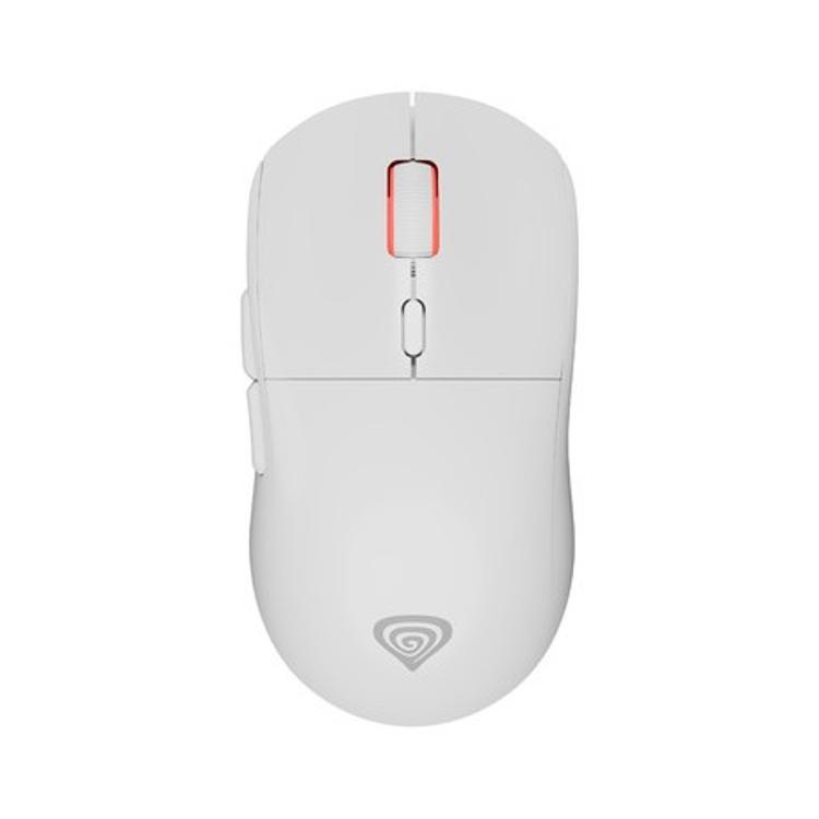 GENESIS ZIRCON XIII brezžična gaming miška v beli barvi, zgornji pogled z rdeče obrobljenim koleščkom.