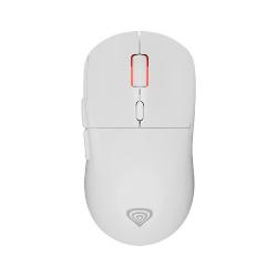GENESIS ZIRCON XIII brezžična gaming miška v beli barvi, zgornji pogled z rdeče obrobljenim koleščkom.