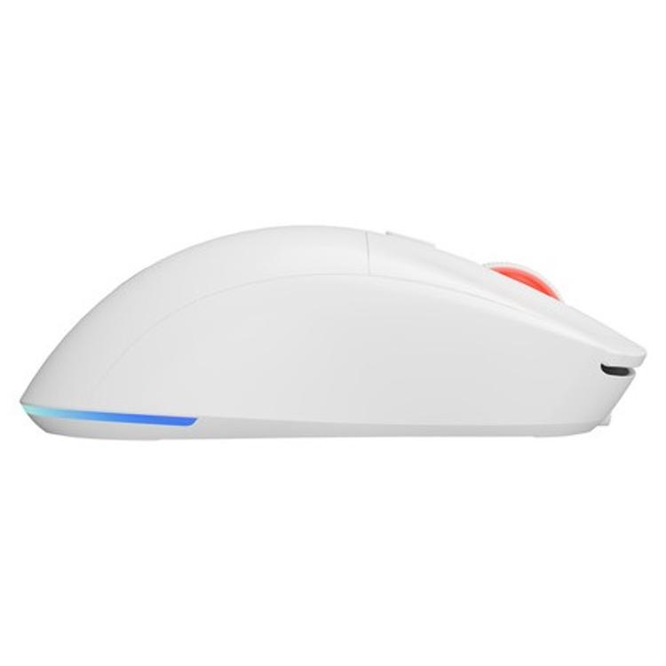 GENESIS ZIRCON XIII bela gaming miška, levi stranski profil z RGB osvetlitvijo zadnjega roba