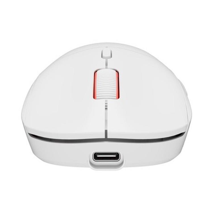 GENESIS ZIRCON XIII bela gaming miška, zadnji pogled z USB-C priključkom in osvetljenim koleščkom.