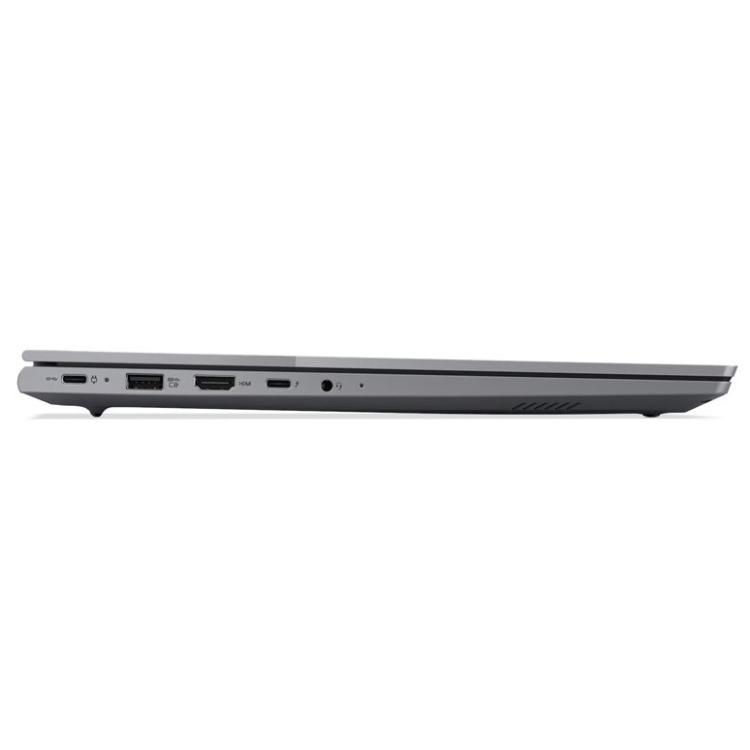 Poslovni prenosnik Lenovo ThinkBook z elegantnim sivim dizajnom, ozkimi robovi zaslona in sodobno povezljivostjo združuje mobilnost, produktivnost in profesionalen videz.