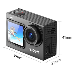 SJCAM akcijska kamera v črni barvi, prikazana s tehničnim prikazom dimenzij. Vidne so mere 59 × 41 × 21 mm.