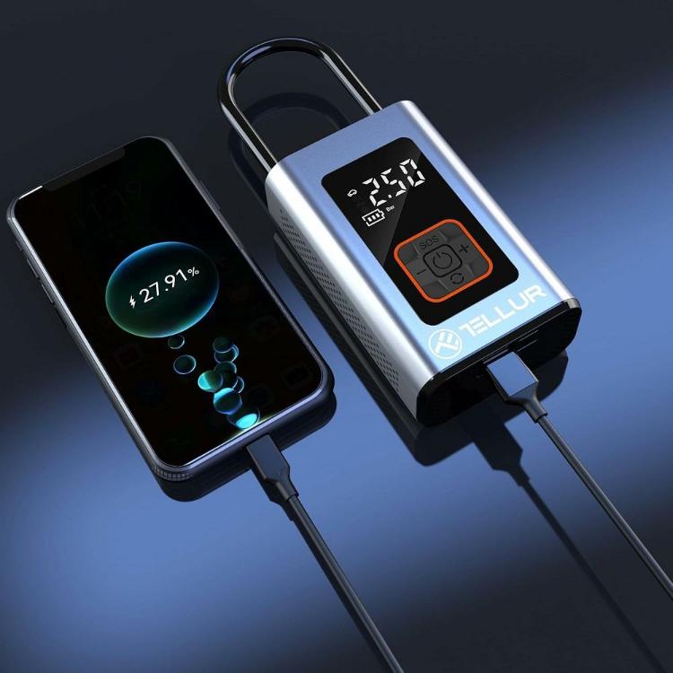 Tellur kompresor: prenosni kompresor hkrati polni telefon prek USB, z digitalnim zaslonom in upravljalnimi tipkami.