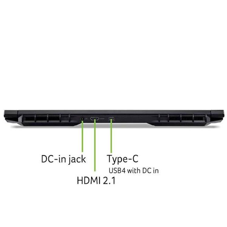 Zadnji pogled Acer Nitro s priključki DC‑in, HDMI 2.1 in USB‑C (USB4) ter velikimi hladilnimi režami.