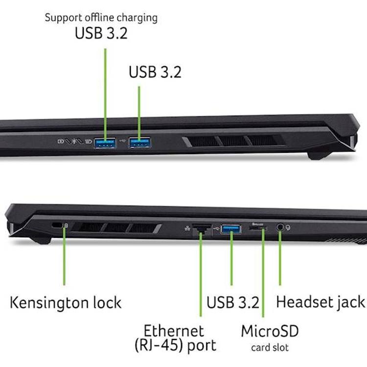 Stranski pogledi Acer Nitro z označenimi priključki: USB 3.2, Ethernet RJ‑45, microSD, avdio in Kensington.