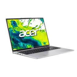 Prenosni računalnik Acer z odprtim zaslonom, tanek srebrn dizajn, prikazan zaslon z logotipom Acer.