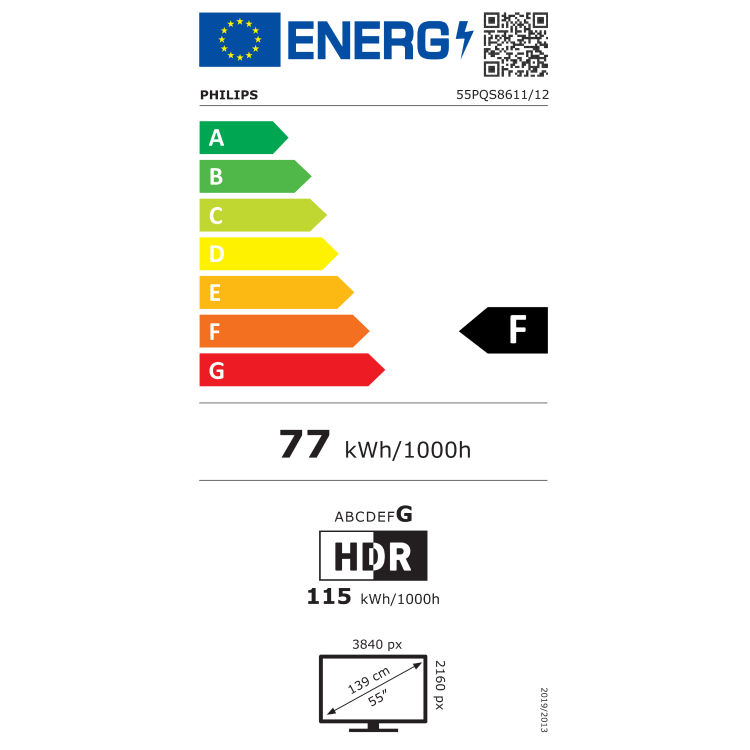 Energijska nalepka za TV Philips 55PQS8611/12 z energijskim razredom F in porabo 77 kWh/1000 h.